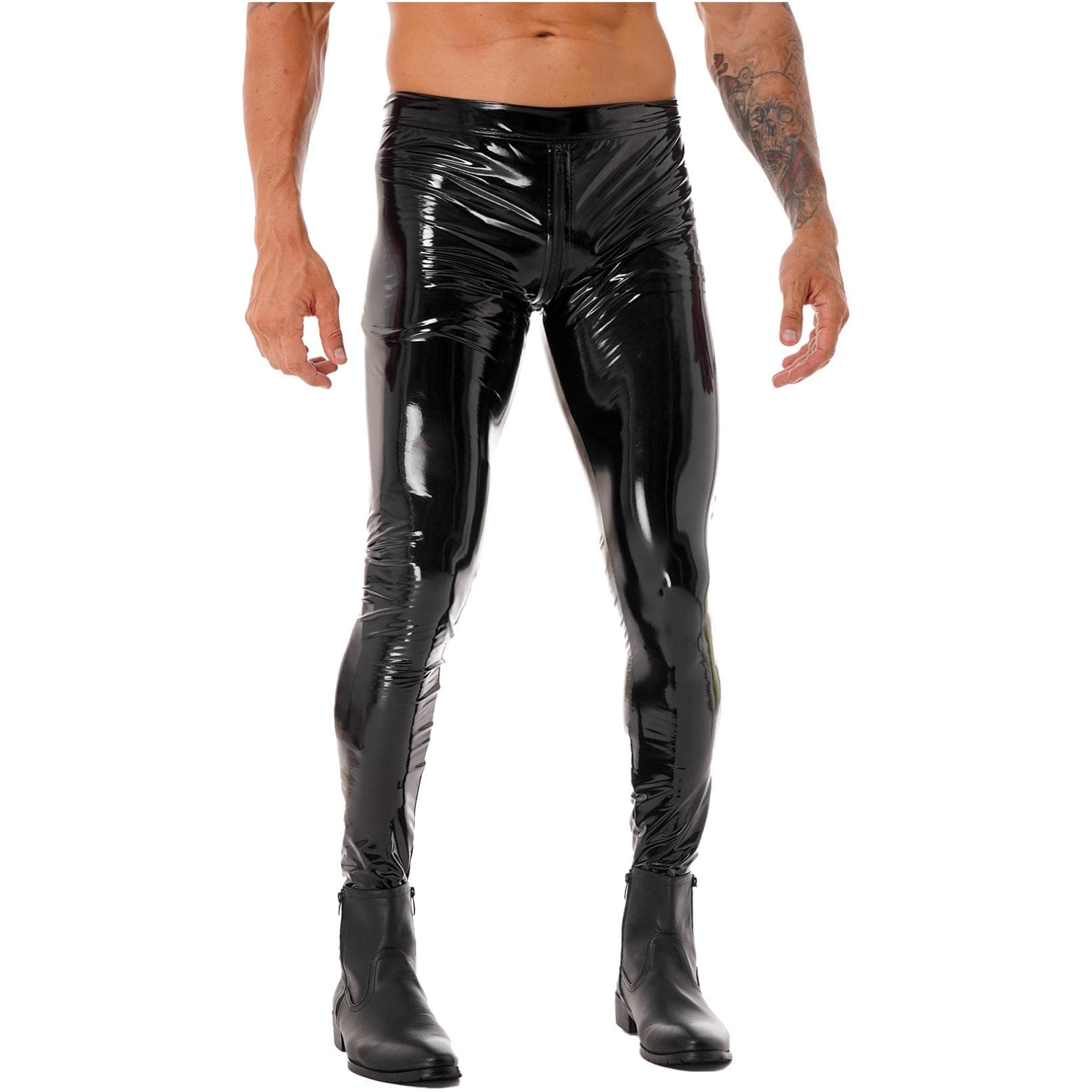 Mens Glossy Zipper Crotch Trousers Wet Look Patent Leather Skinny Pants Clubwear Leggings 4XL black