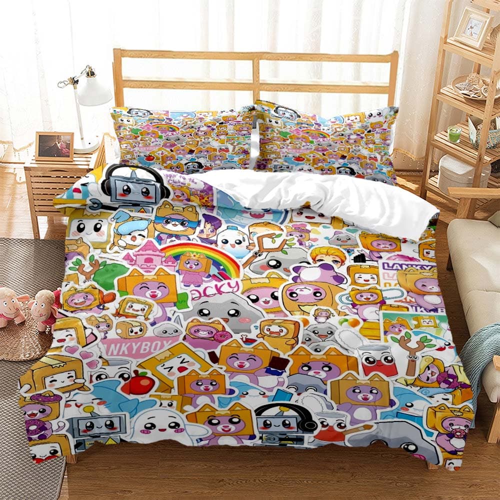 Lankybox Foxy Boxy Cute Cartoon 3D printed bedding Queen bedding set Customized King size bedding set Soft and comfortable AU Single(140x210cm)