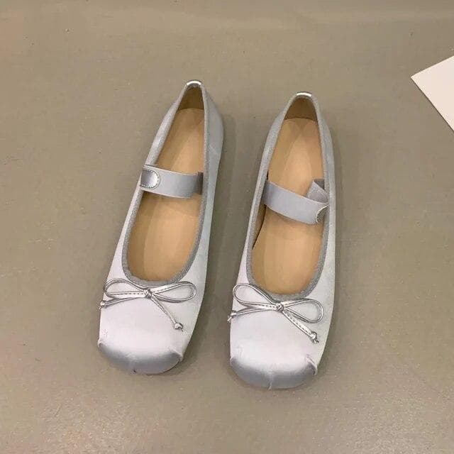 Luxury Satin Silk Ballet Shoes Woman Classic Square Toe Bowtie Elastic Band Ballerina Flats Ladies Soft Loafers 39 silver