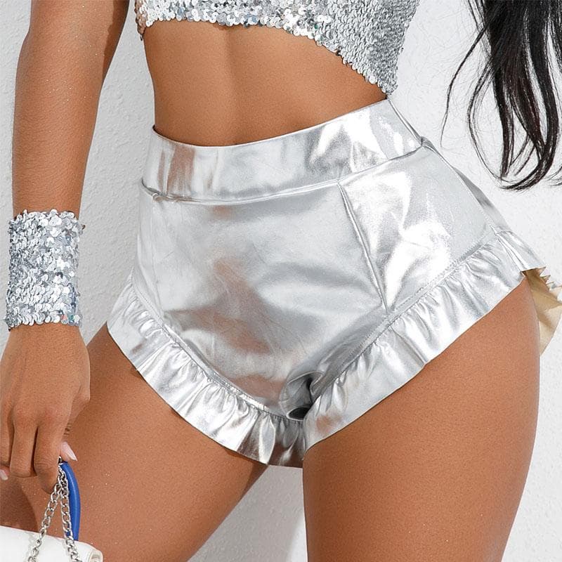 Women PU Leather Shorts Sexy Ruffle Metallic Booty Shorts High Waist Hot Pants Shiny Slim Fit Club Dance Shorts S silver