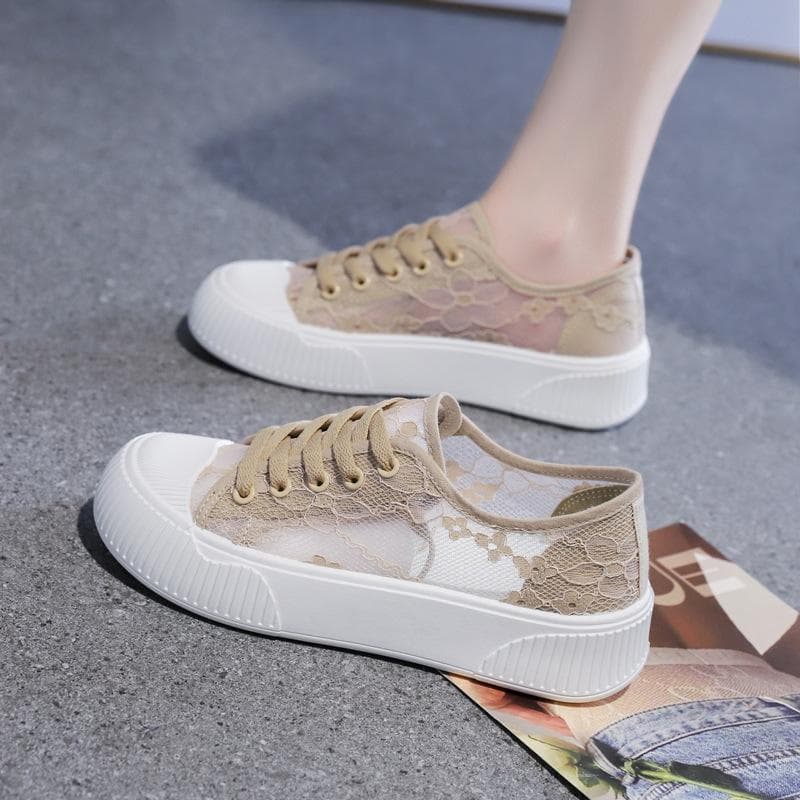 Women Sneaker Summer Breathable Lace Mesh Flower Embroidery Round Head Thick Sole Comfortable Casual Shoes 36 khaki