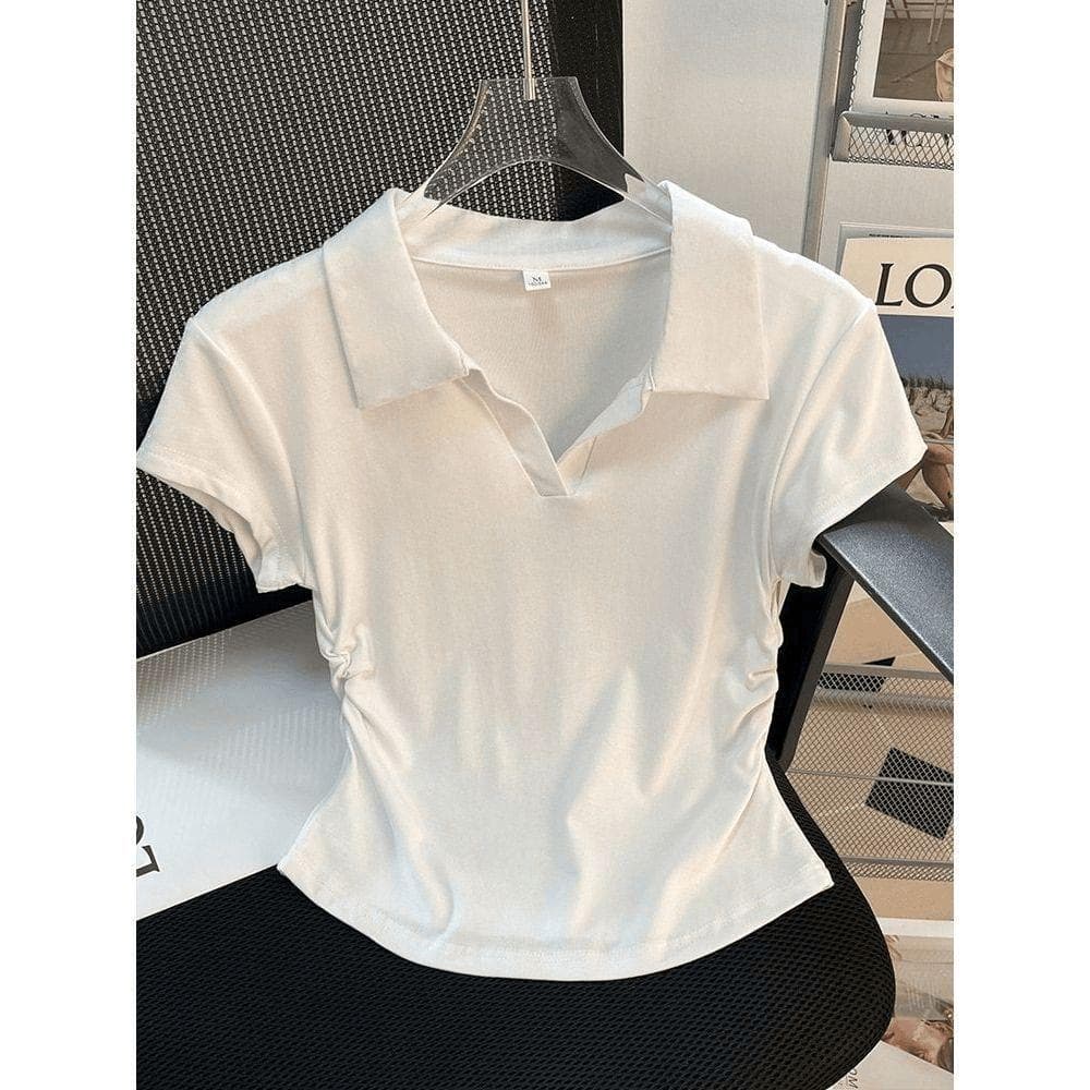 Summer Pure Style Slim and Slim Shoulder Lapel Short-sleeved T-shirt for Women's Design Small Top L