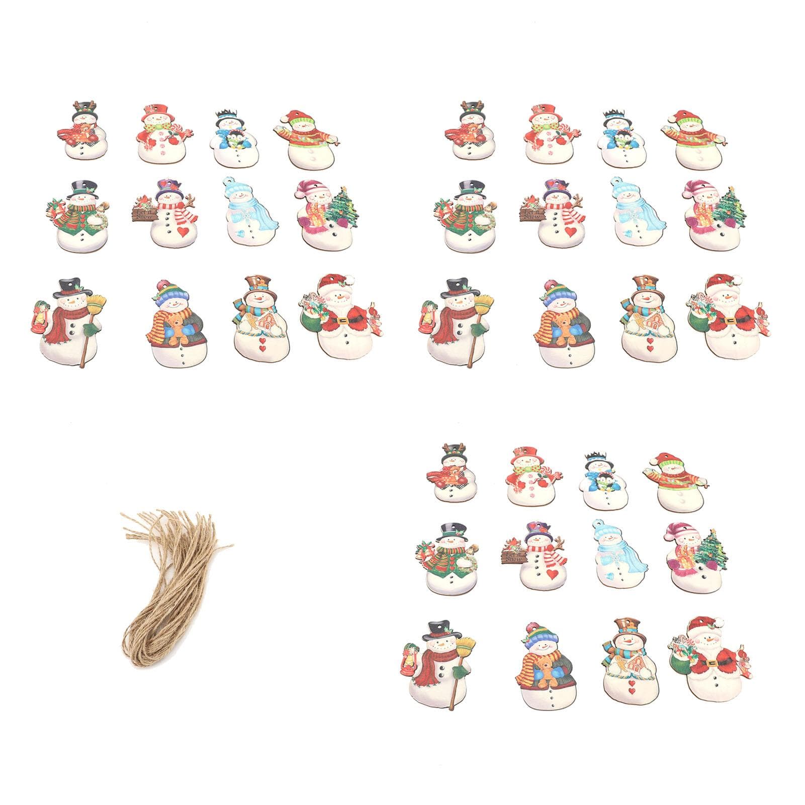 36PCS Xmas Snowmen Wood Ornaments Xmas Tree Hanging Decorations Crafts with Hemp Ropes for Winter