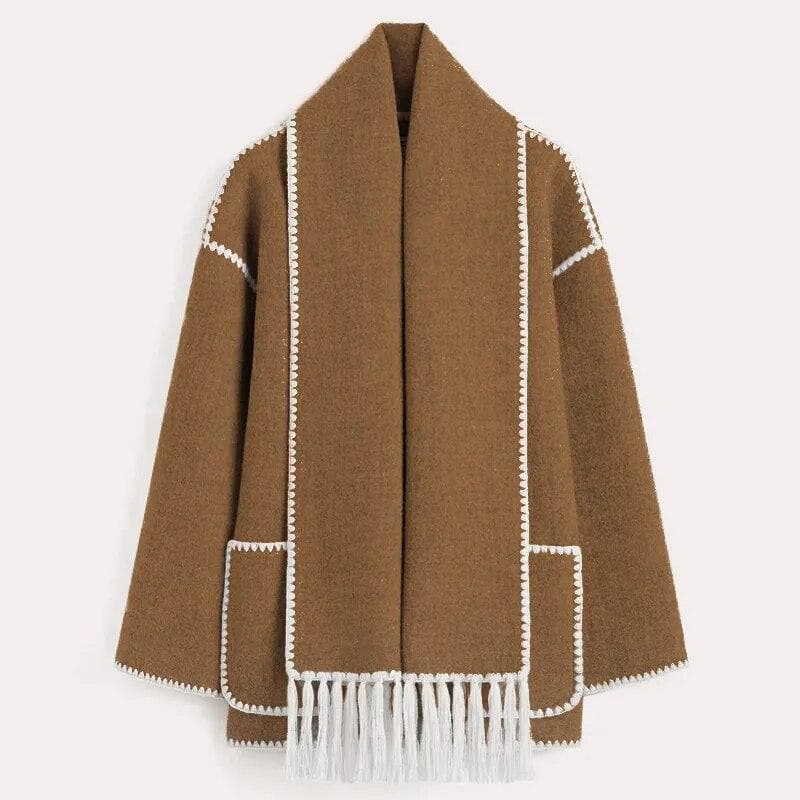 Woolen Jacket Women Autumn Patchwork Tassel Scarf Single Breasted Pocket Coats Casual Fashion Long Sleeve Loose Top Streetwear S brown