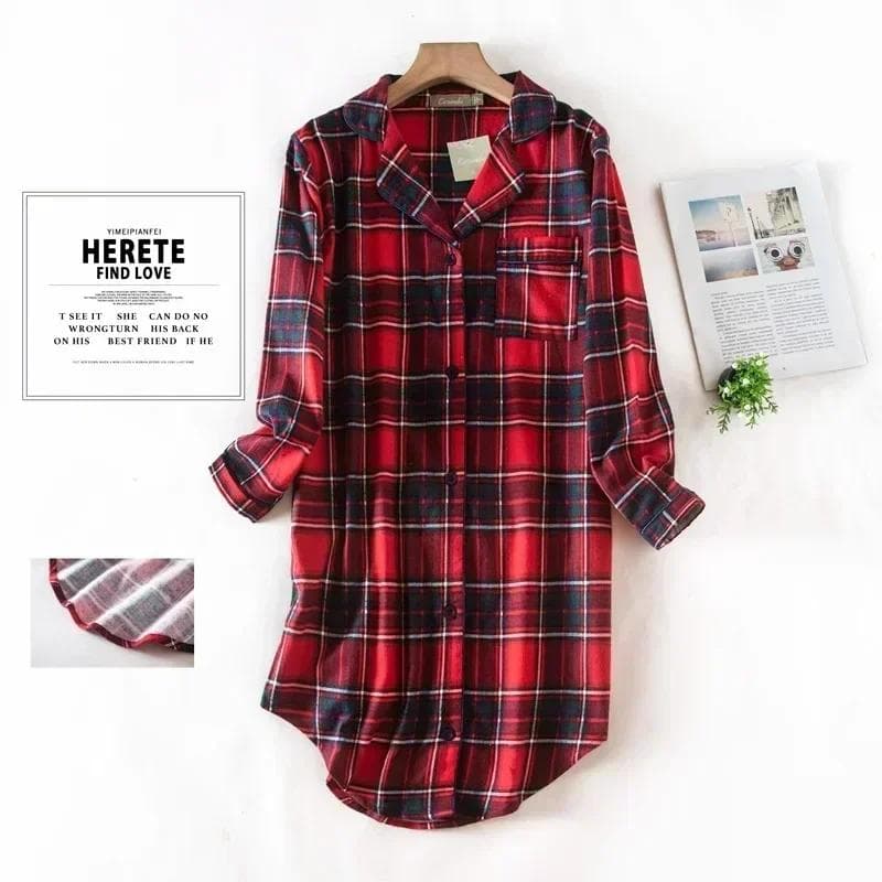 Flannel Cotton Home Nightgown Cardigan Shirt Nightgown Cute Cartoon Plaid Design Pajamas Pajamas for Women 3XL