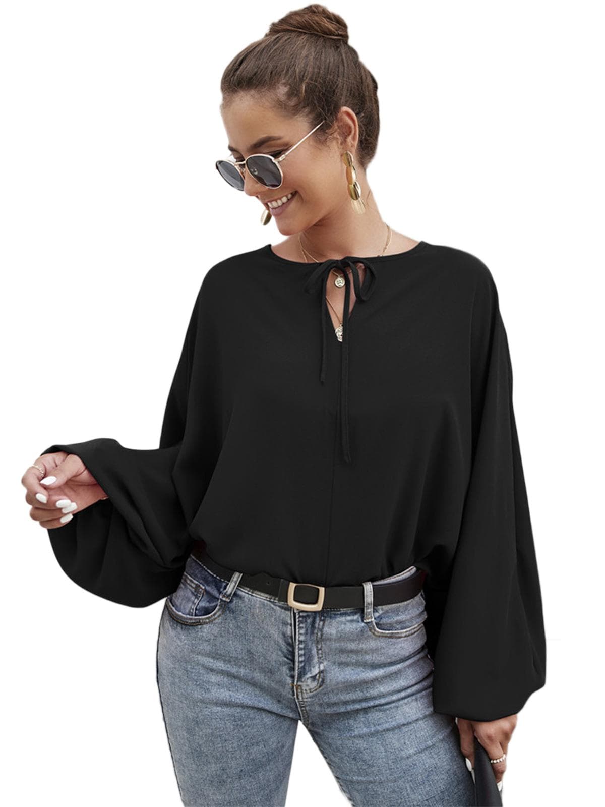 Women Batwing Sleeve Blouse Tied O Neck Loose Shirts X-Large black