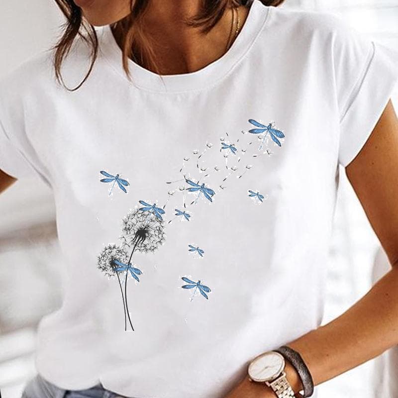 (Asian Size) Dragonfly Dandelion Plant Short Sleeve Women Print Tee Top Summer Fashion Tshirt Lady Female Clothing Casual Graphic T-shirt XL