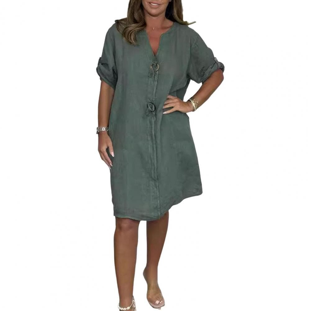 Summer Autumn Women Dress V Neck Threee Quarter Sleeves Loose Plus Size Knee Length Retro Daily Wear Office Casual Midi Dress M army green
