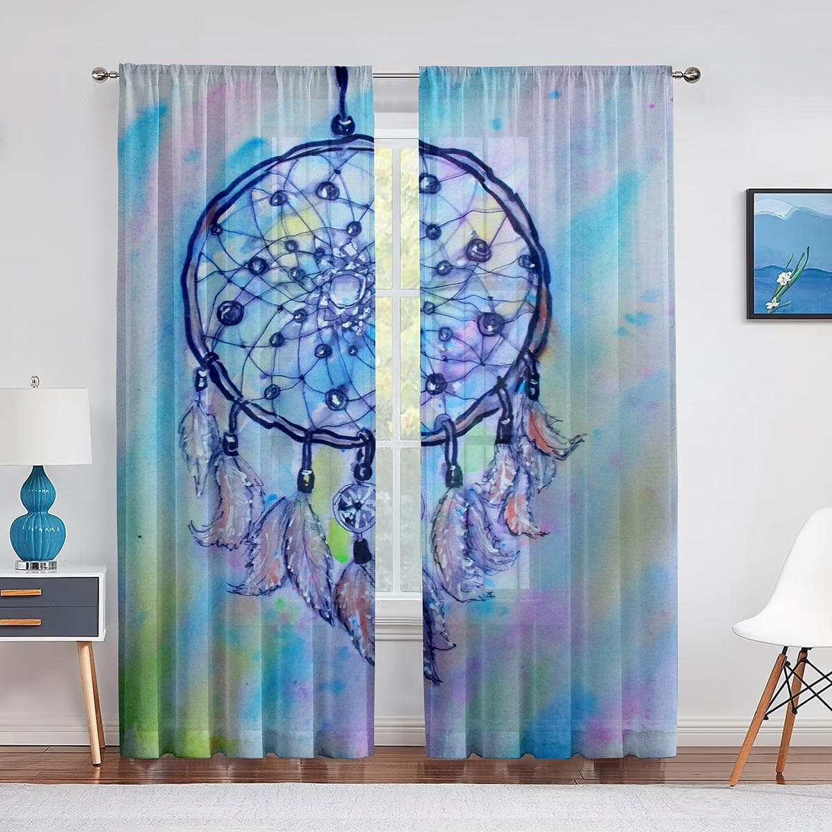 Dream Catcher Feather Violet Sheer Voile Curtains for Living Room Home Kitchen Decor Bedroom Chiffon Window Tulle Curtain Drapes 1 PCS W100XH250cm&Grommet Top
