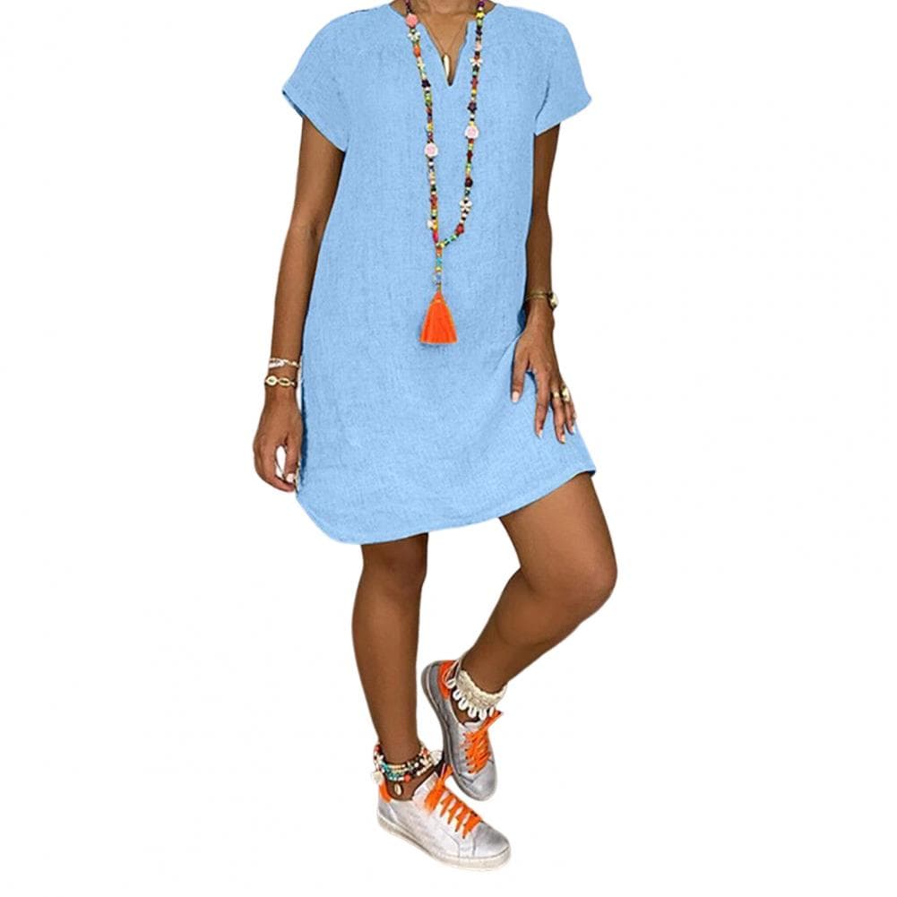 Summer Dress V Neck Split Hem Loose Irregular Short Sleeves Solid Color Knee Length Pullover Casual Daily Wear Midi Dress M light blue