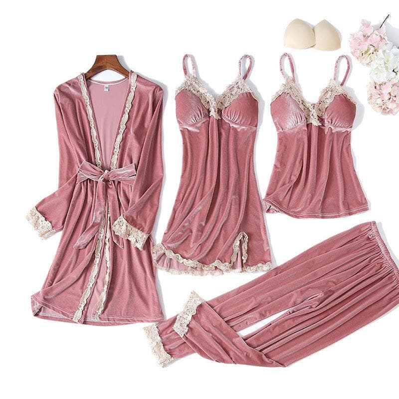 Women's Velvet 4 Piece Pajama Set Lace Embellished Nightgown Sleepwear Loose Casual Kimono Bathrobe Gown 2XL
