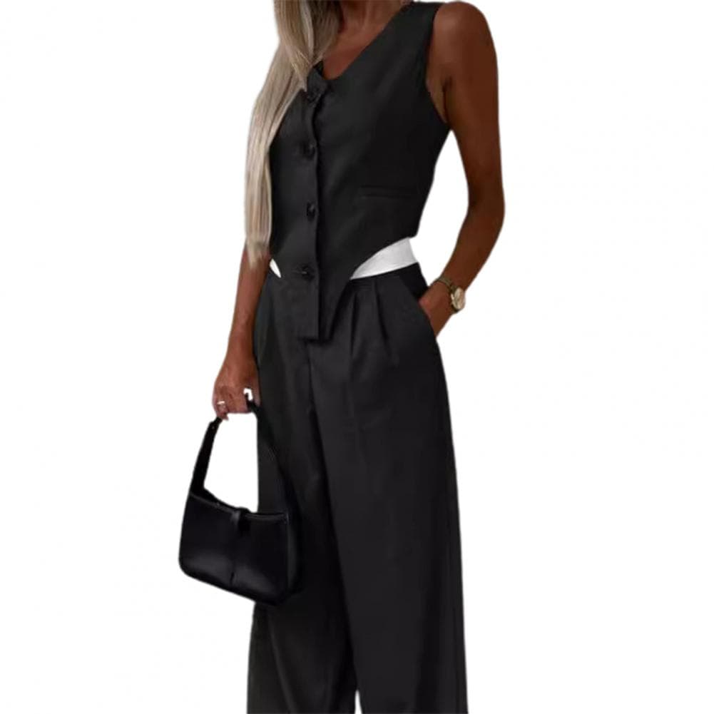 Wide-leg Pants Set Elegant Sleeveless V Neck Women's Suit Set with Irregular Waistcoat Wide Leg Trousers Formal for Office S black