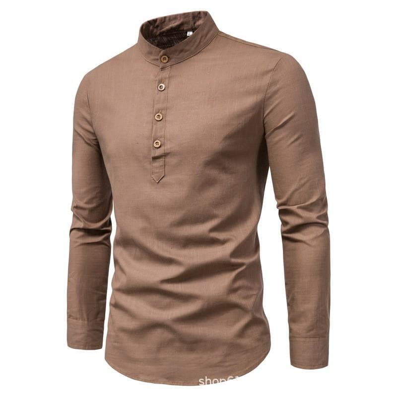 Men's solid color casual slim fitting standing collar long sleeved business shirt shirt XXXXL coffee