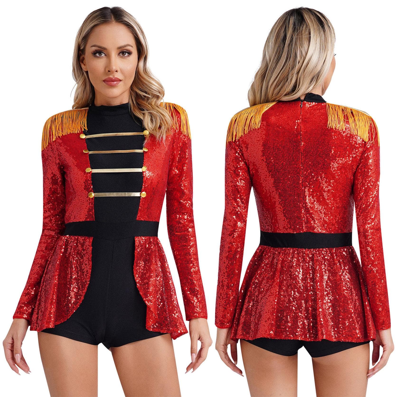Halloween Carnival Theme Party Circus Ringmaster Costume Cosplay Jumpsuit Role Play Long Sleeve Velvet Fringed Bodysuit XL red