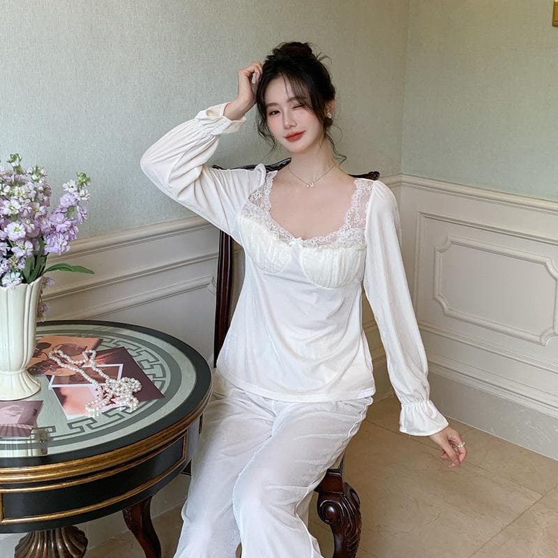 French New Autumn and Winter Pajamas with Chest Pads, Sweet Square Velvet Home Clothes Set, Women's Jacket XL white