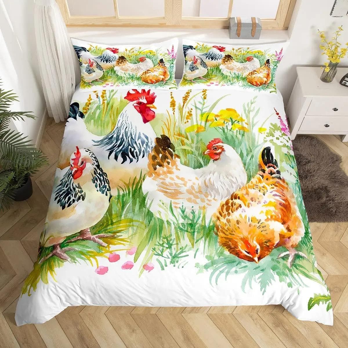 Cute Chicken Duvet Cover King Queen Colorful Rooster Bedding Set Farm Animal Comforter Cover Funny Rustic Farmhouse Quilt Cover 70x133cm 2pcs