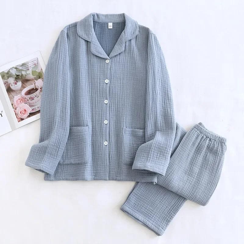 New Couple's Pajama Set 100% Cotton Men's and Women's Collar Long Sleeve Long Pants Solid Color Two Piece Home Set Pijamas 2XL