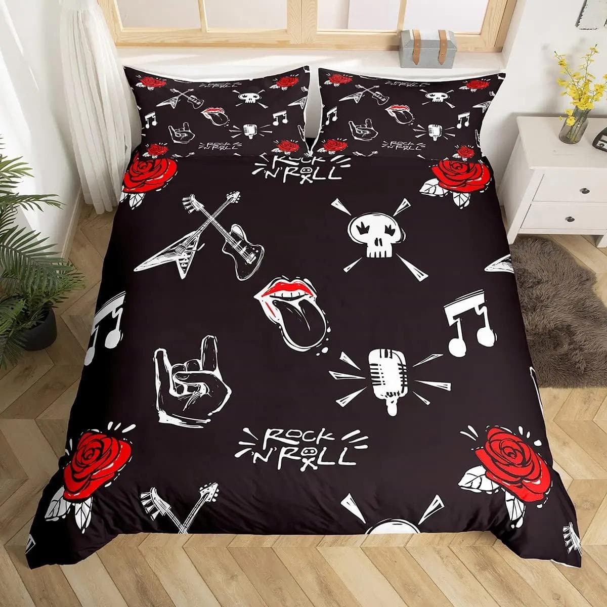 Guitar Bedding Set Punk Rock Music Duvet Cover Set For Kids Teens Boys Young Man Rotating Musical Instrument Comforter Cover 155X220cm-3pcs