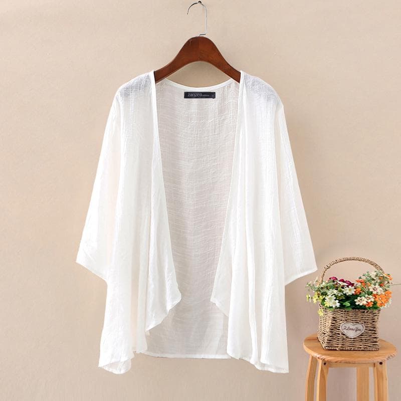 Women's Summer Solid Color Cardigan Tops Solid Color Loose 3/4 Sleeve Thin Beachwear Cover Ups Blouse Tops Batwing-sleeved Blouse One Size white