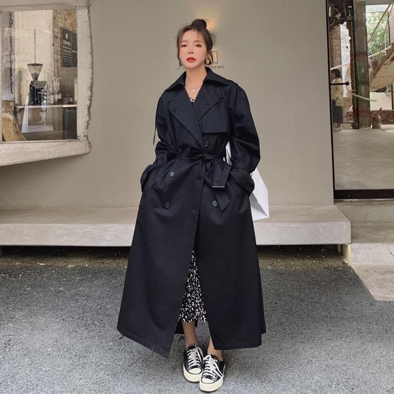 Women's Autumn New Double Breasted Extra Long Windbreaker Women's Black Jacket XL black