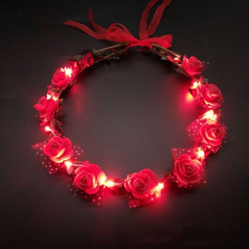 Flower Luminous Wedding Wreath Decoration LED Light Garland Women Headwear Crown Flower Headband red