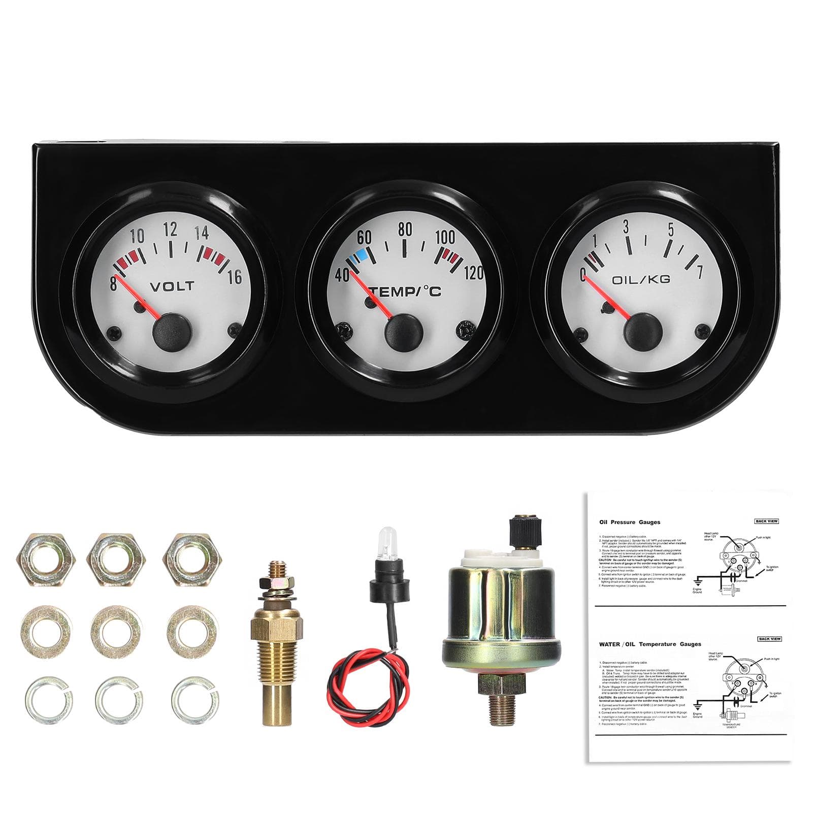 3 in 1 Multifunctional Car Meter Auto Gauge Kit 52mm Voltage Water Temperature Oil Pressure Meter black