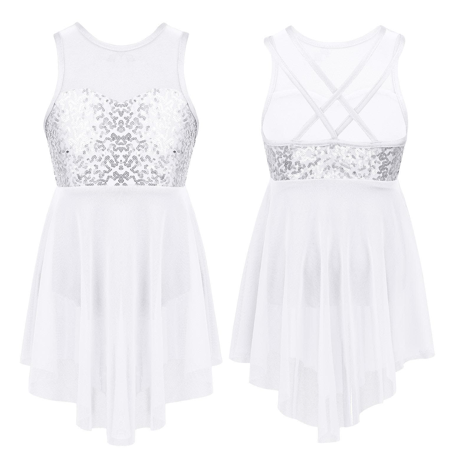 Kids Girls Ballet Dance Leotard Dress Sequins Criss-Cross Back Irregular Hem Lyrical Dance Costume Dress 11-12 Years white