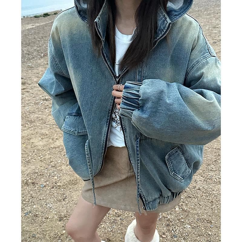 Retro Washed Hooded Denim Jacket for Women Autumn and Winter Blue M blue