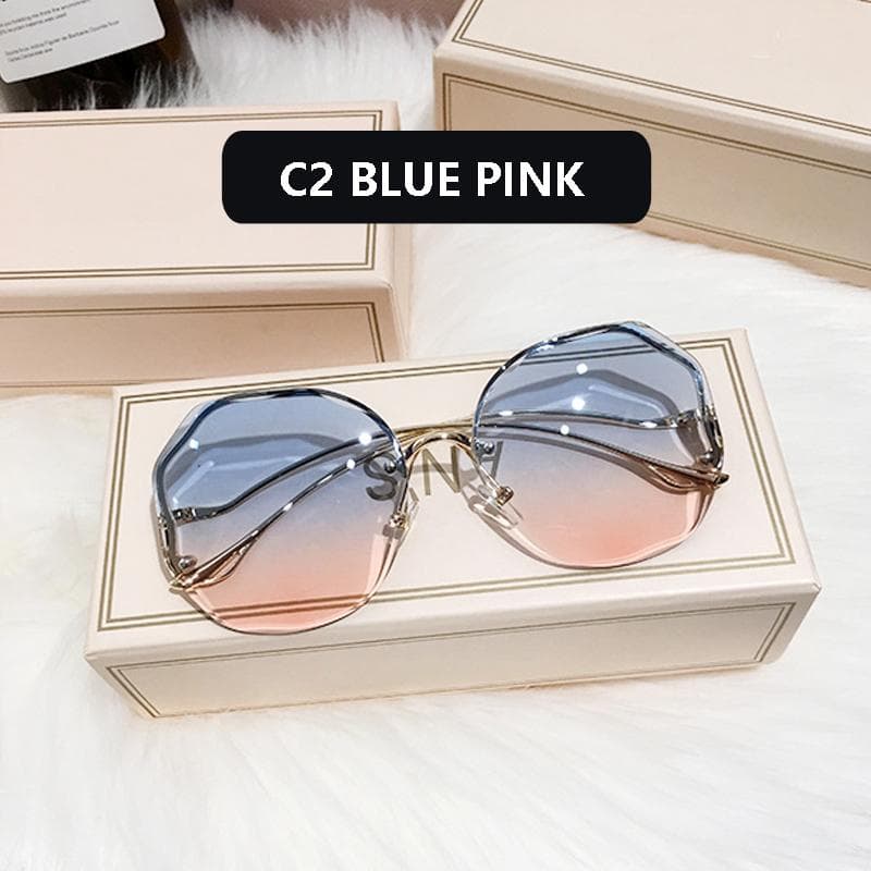 Fashion Tea Gradient Sunglasses Women Ocean Water Cut Trimmed Lens Metal Curved Temples Sun Glasses Female UV400 blue
