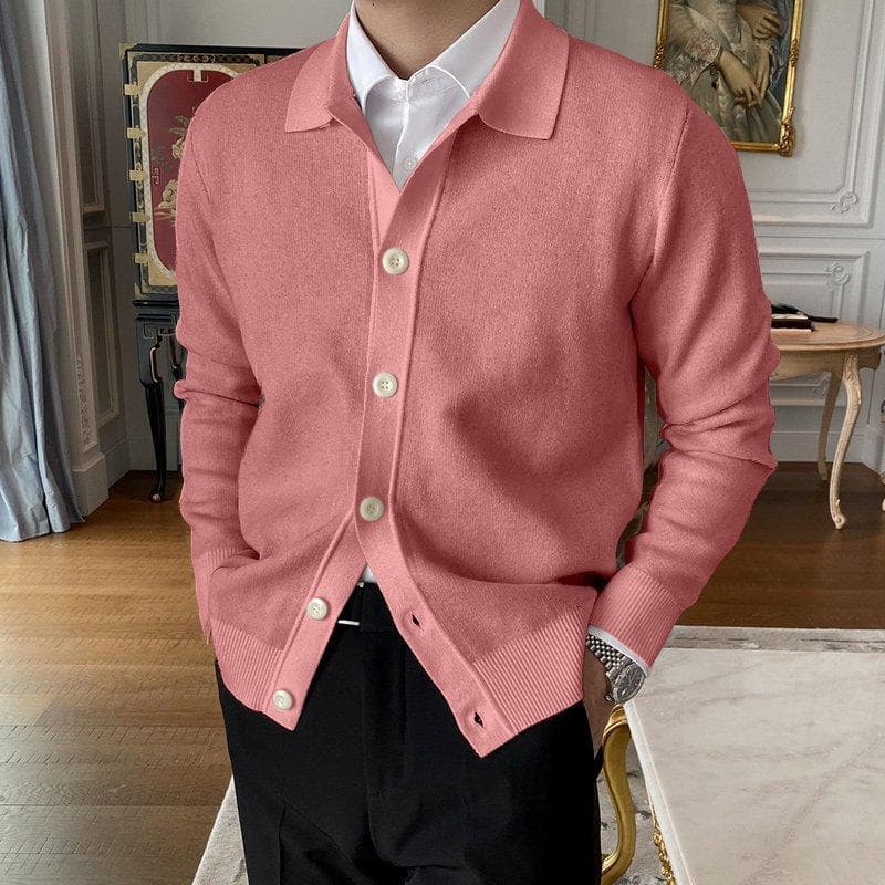 2024 Spring Autumn New Cotton Knitted Cardigan Slim Long Sleeve Button Korean Men's Fashion Lapel Sweater Simple Casual Coat 3XL pink