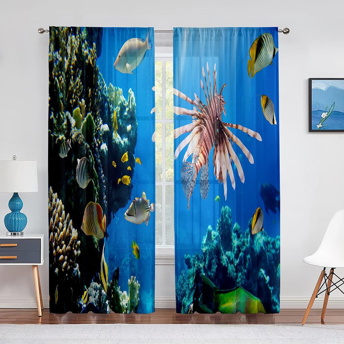 Ocean Theme Sheer Voile Curtain Underwater Tropical Fish Coral Animal Marine Life Window Tulle Curtains for Bedroom Living Room 1 PCS W100XH250cm&Grommet Top