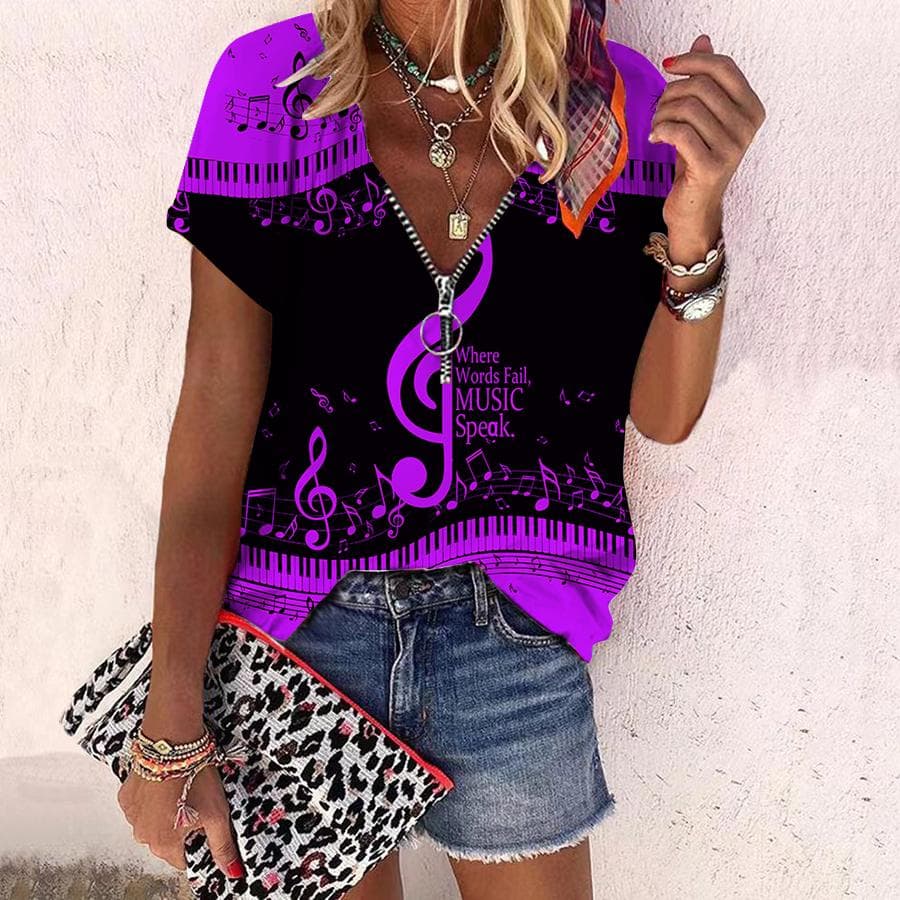 Women's Top Summer New Fashion Rose Flower Note Printed Casual Zipper V-neck Short Sleeve Top L purple