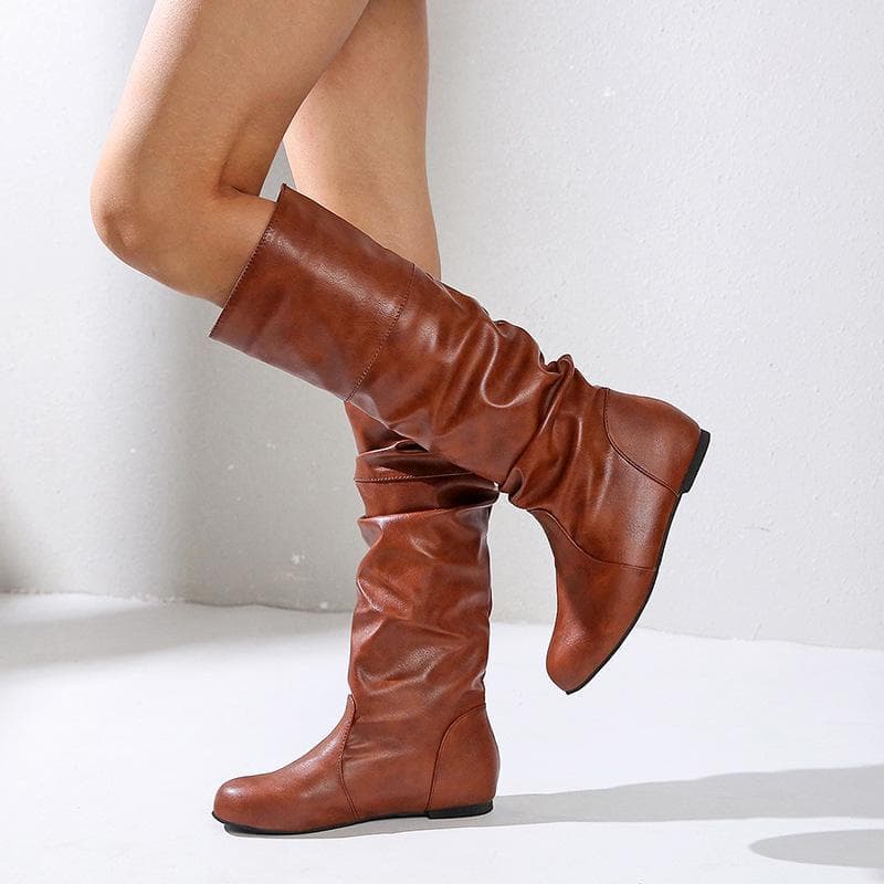 European Cross-Border Women's Mid-Calf Pleated Knight Boots - Round-Toe, Large Size, 2022 Autumn/Winter Collection 42
