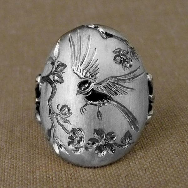 Hecheng Spring Swallow Flower Ring: Birdsong Fragrance Ladies' Ring Size 5 silver