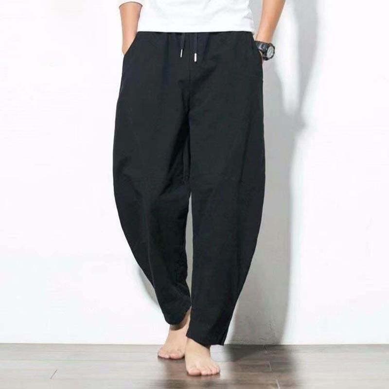 Cotton and Linen Nine-point Pants Men's Summer Plus Size Straight-leg Pants Casual Linen Breathable Wide-leg Pants 5XL black