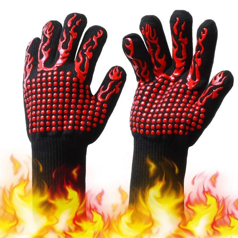 Barbecue Gloves with Silicone Anti-slip Stripe Heat Proof Oven Gloves black/red