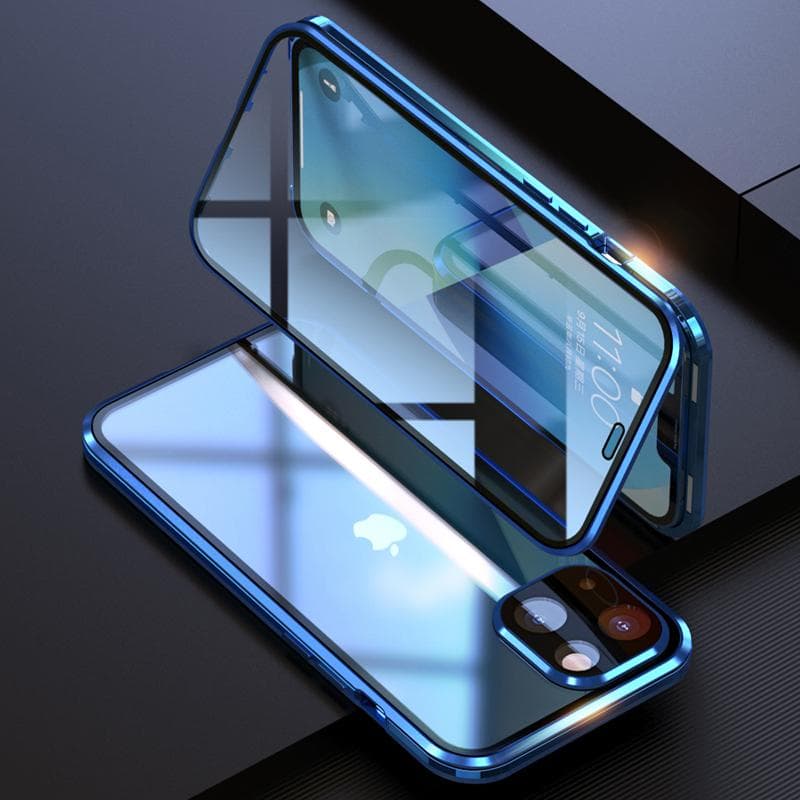 360 Full Lens Metal Magnetic Case For iPhone 16 15 14 Plus 13 12 Pro Max Aluminum Bumper Snap Lock Double Sided Glass Phone Cover For iPhone 13 Pro Max blue