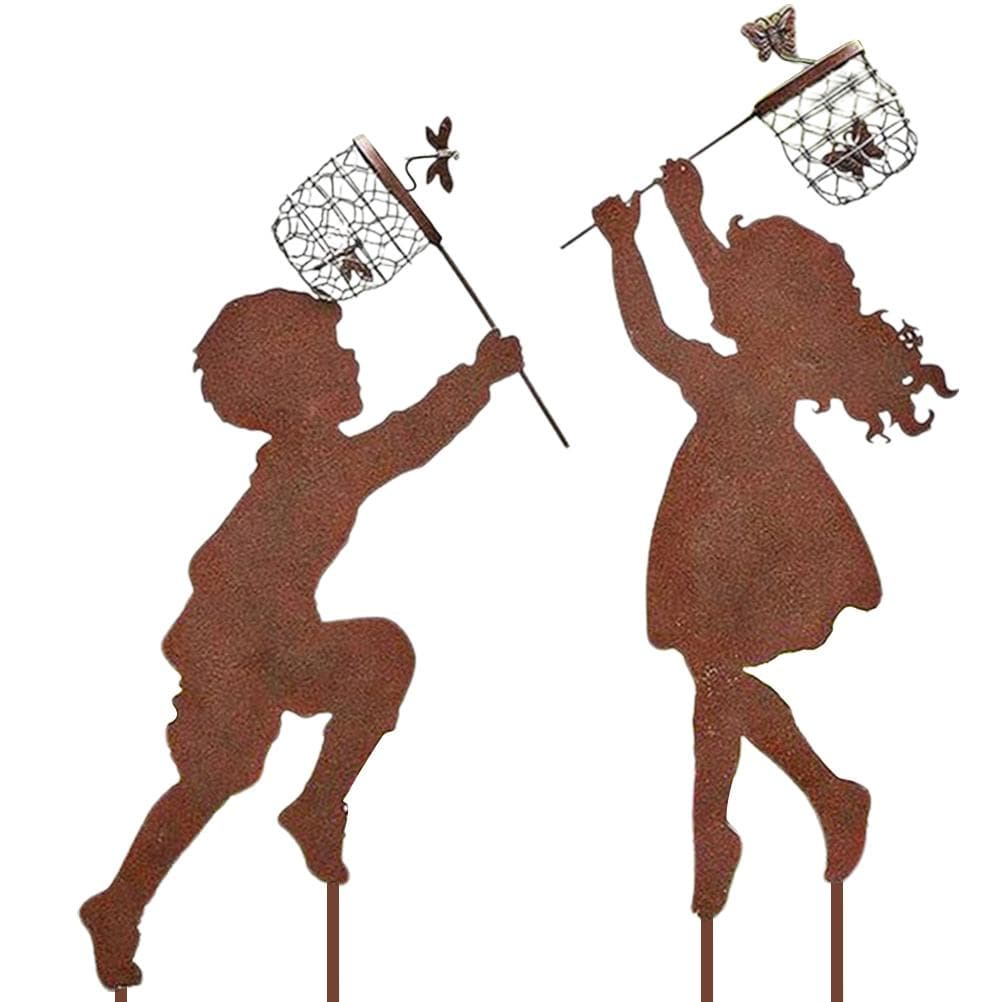1 Pair Boy Girl Catching Butterfly Metal Decorative Garden Stakes Outdoor Garden Decor Boy Girl