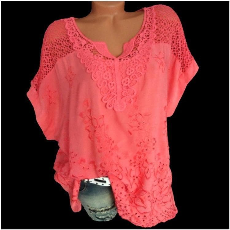 GMXIA Women's Fashion Casual Summer Embroider Solid Color Short Sleeve V-Neck Blouses & Shirts S red