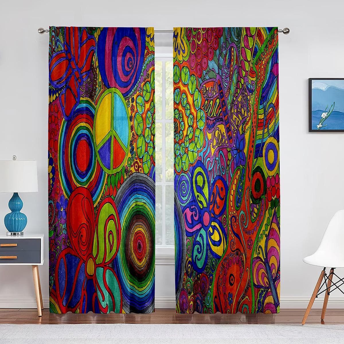 Floral Peace Sign Summer Spring Bloom Psychedelic Tulle Curtains for Living Room Bedroom Chiffon Sheer Kitchen Window Curtain 1 PCS W100XH250cm&Grommet Top