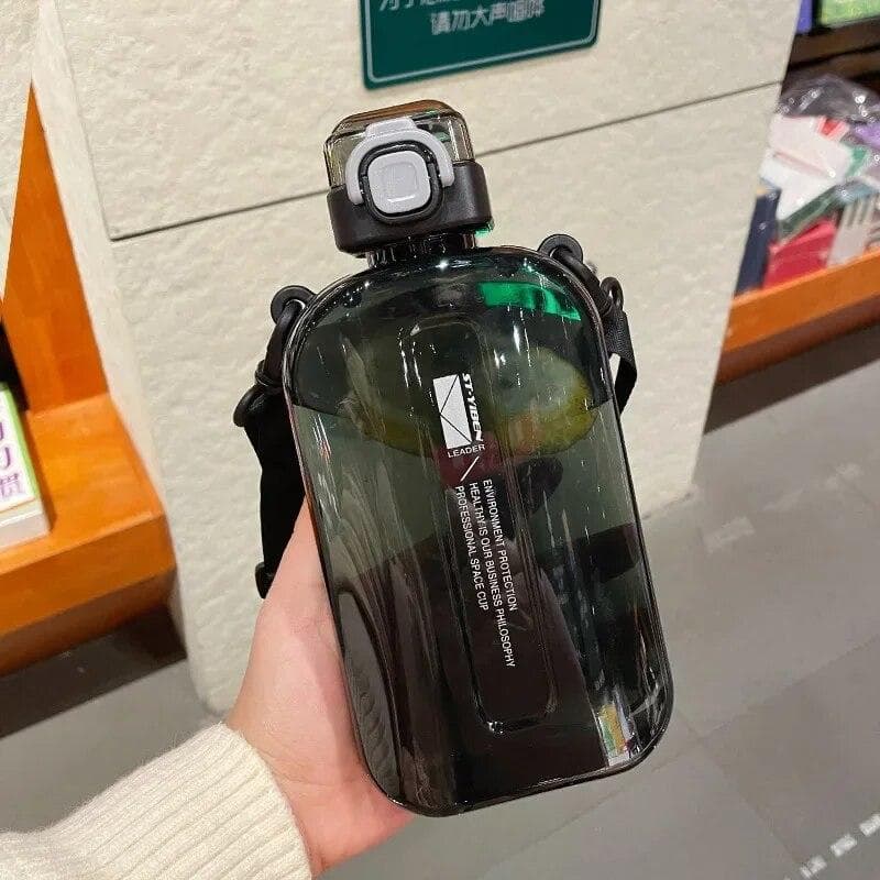 Flat Square Transparent Water Bottle Portable Travel Canteen With Adjustable Strap Drinking Bottle For Sport Camping black