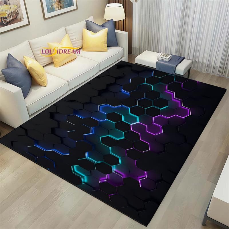 3D Geometric Carpet Neon Lights Rugs Hexagons Carpets for Home Play Gaming Room Decor Livingroom Bedroom Teens E-Sport Rug Mat 160cm x 200cm