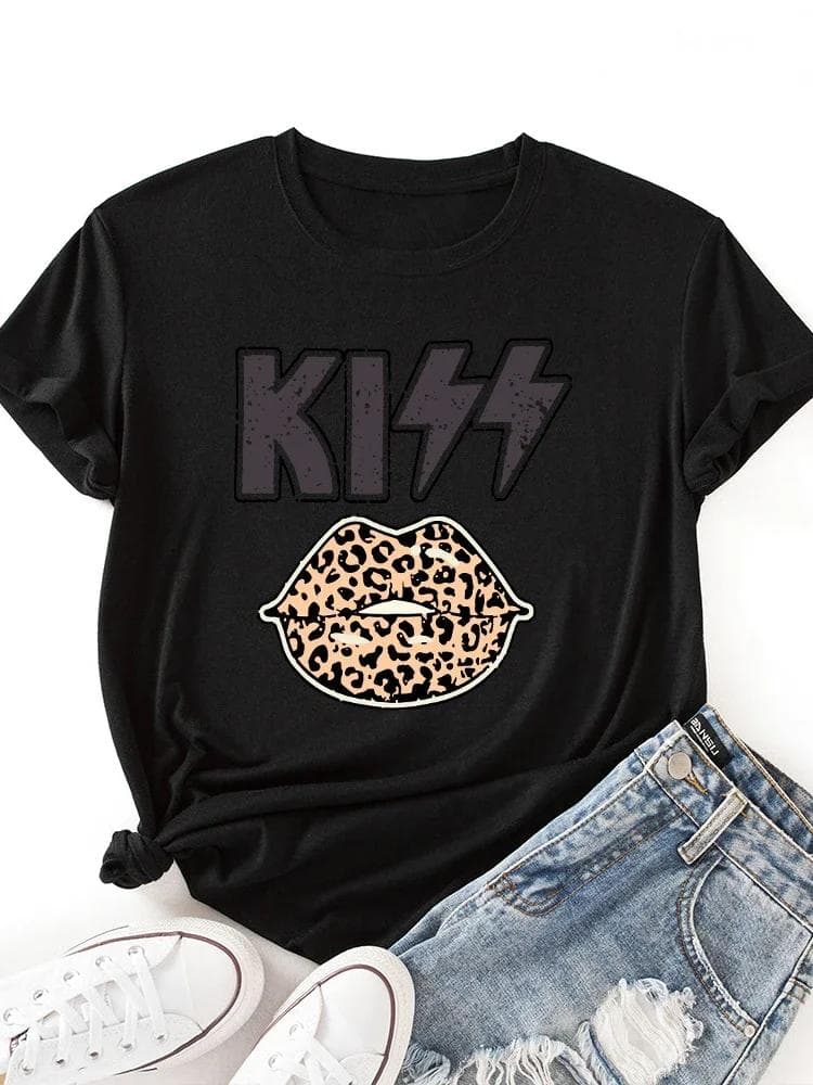 Kiss Leopard Lip Print T Shirt Women Short Sleeve O Neck Loose Tshirt Summer Women Tee Shirt Tops Clothes Camisetas Mujer XL black