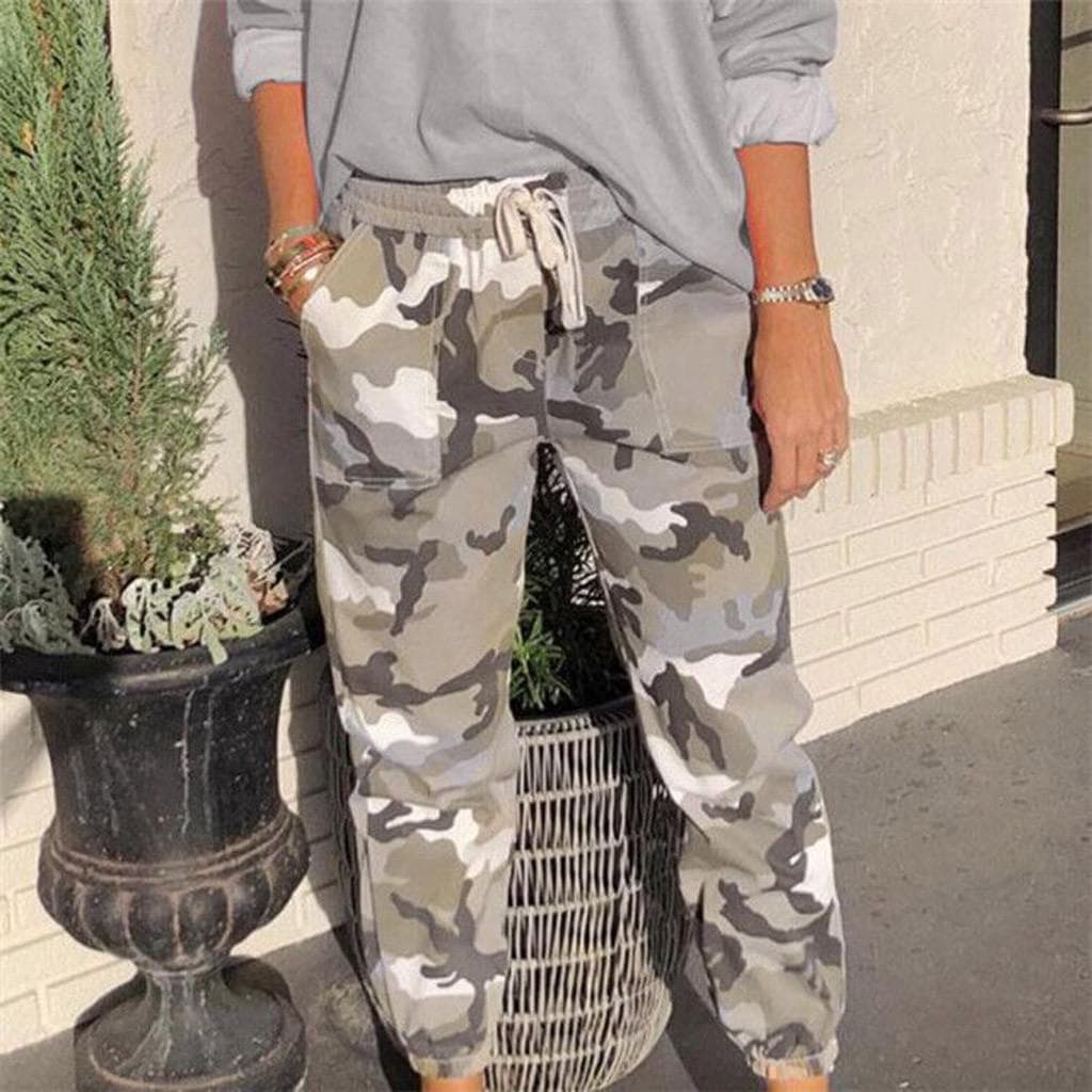 Women Casual Mid Waist Camouflage Summer Loose Pocket Long Straight Pants S grey