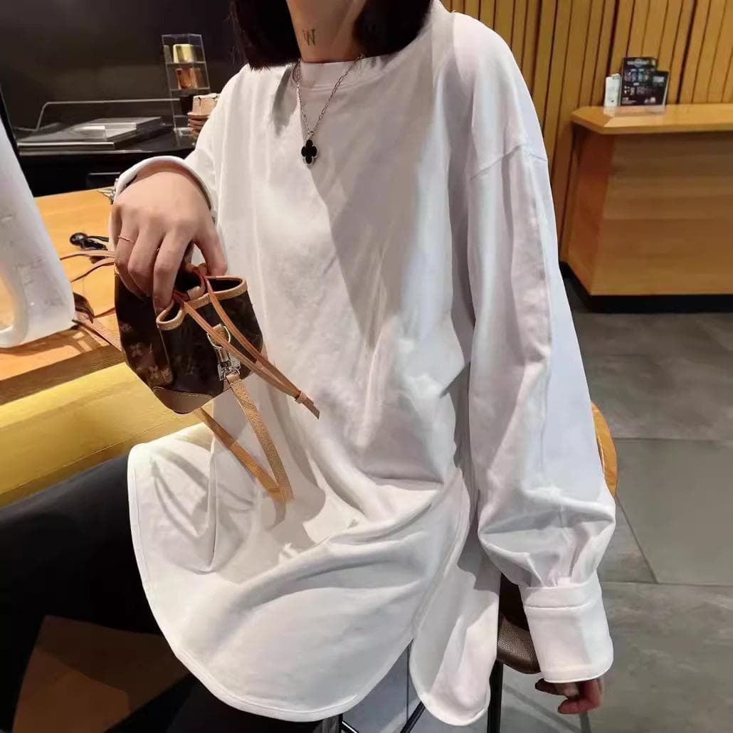 Medium and Long T-shirt Women's Spring and Autumn New Design Sense Loose and Lazy Long-sleeved Top Women's Tide Split-ended Bottoming Shirt XL white
