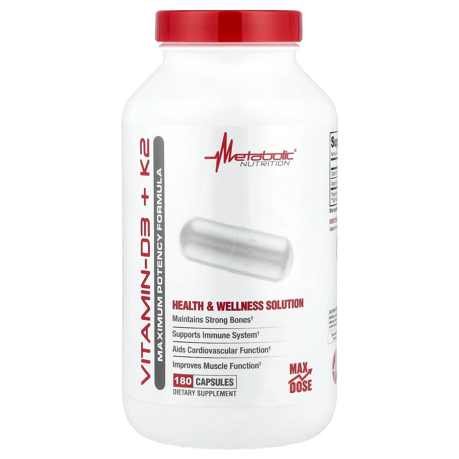 Metabolic Nutrition, Vitamin D3 + K2, 180 Capsules