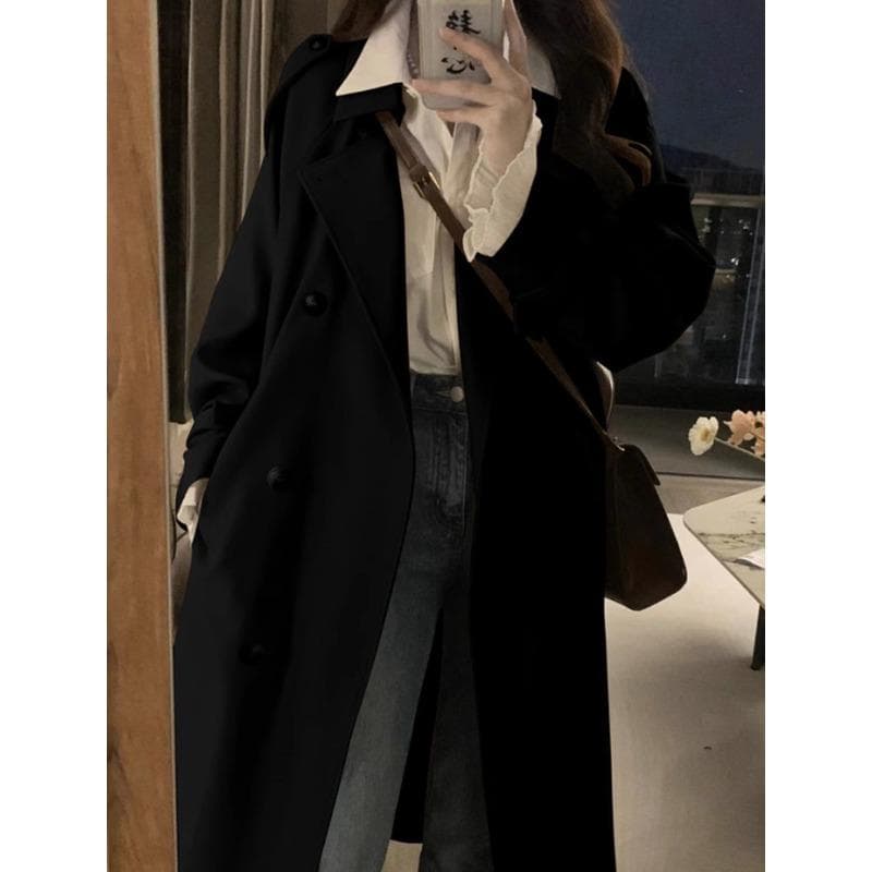 Khaki Double-breasted Trench Coat for Women Spring and Autumn New Korean Style Retro British Style Versatile Small Trench Coat for Women XL
