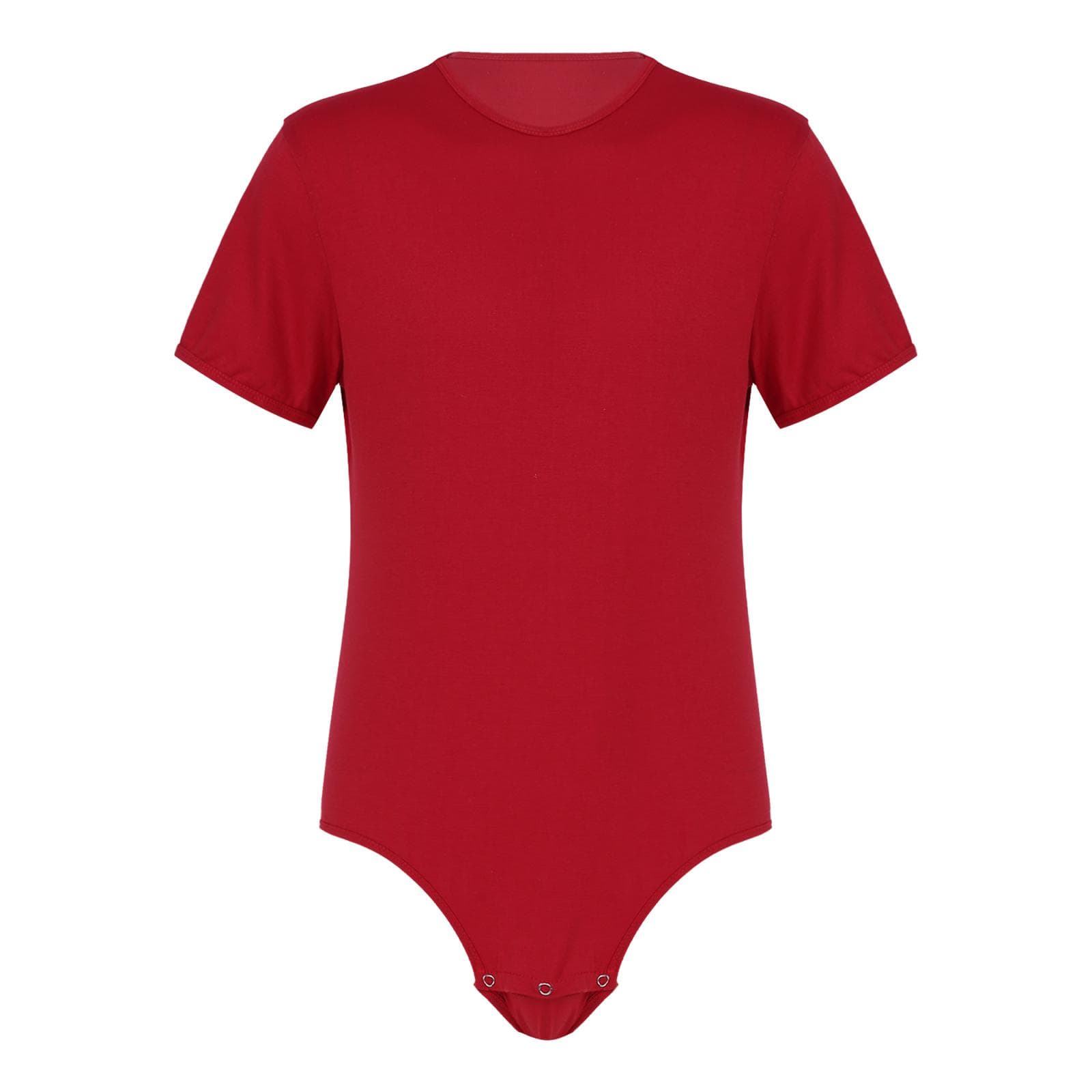 Mens Comfortable Romper One Piece T-shirt Bodysuit Press Crotch Short Sleeve Sleepwear for Daily Use M red