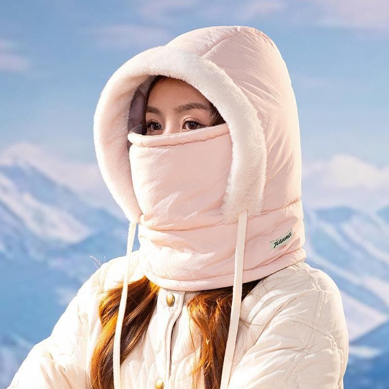 Thickened Snow Hat with Added Fleece Neck and Face Mask Integrated Cold and Windproof Women's Winter Cycling for Warmth one size