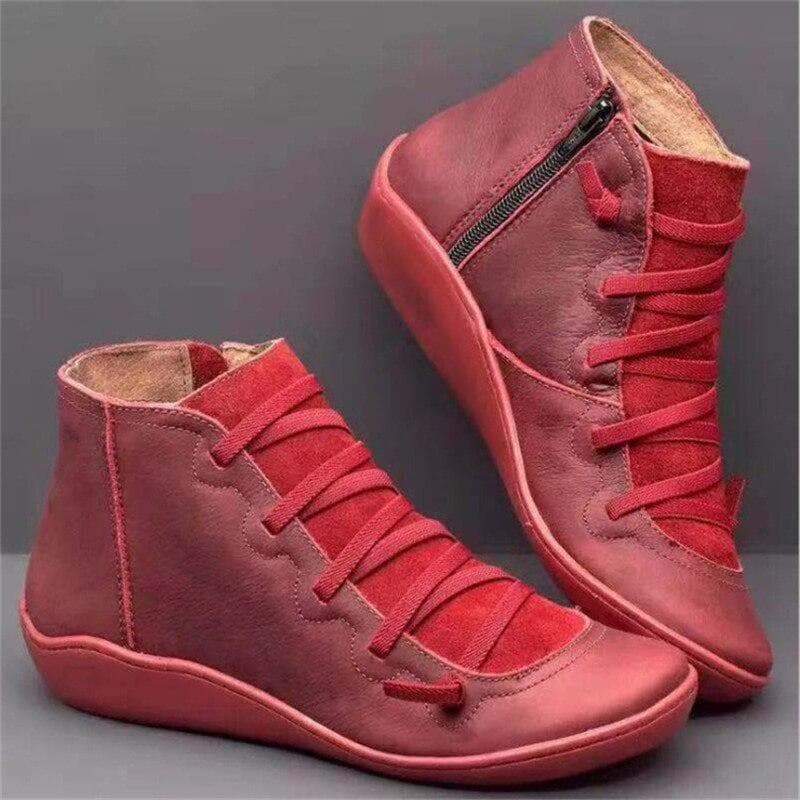 Women Boots Retro PU Leather Ankle Boots Ladies Casual Short Boots Punk Boots Spring Autumn Boots 38 red